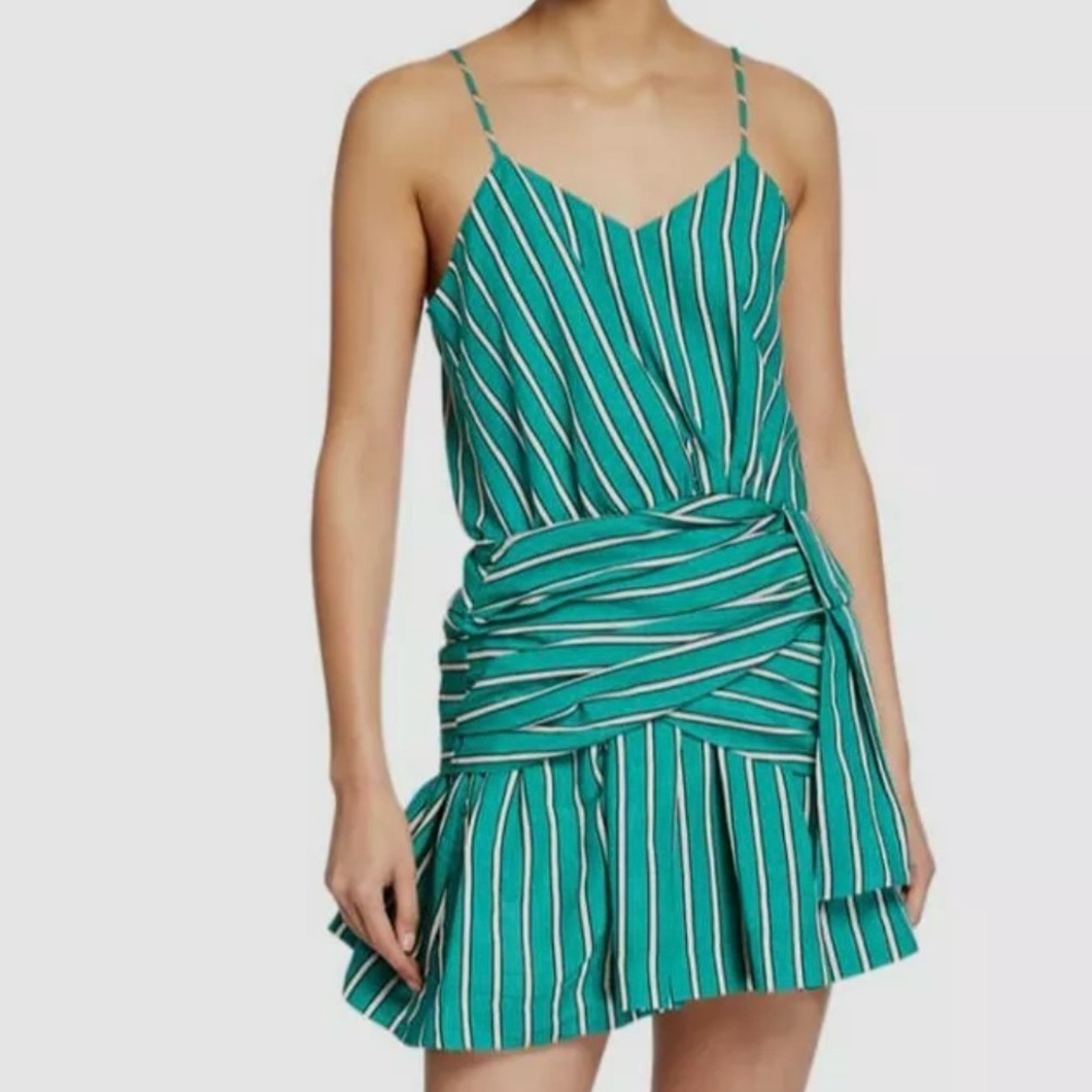 Derek Lam 10 Crosby 100% Cotton Ruffle Mini Dress Green Black/White Stripe Sz 6
